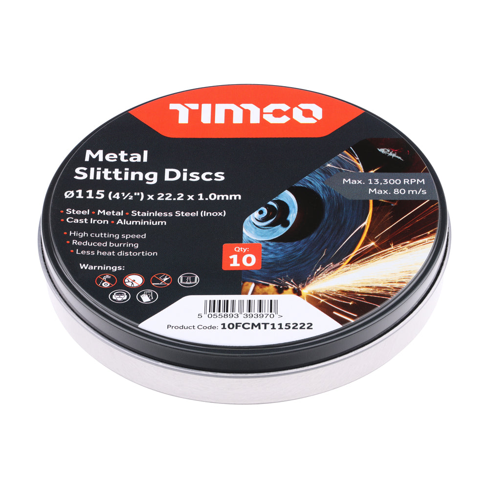 Timco Metal Slitting Discs Bonded Abrasive - For Cutting 115 x 22.2 x 1.0