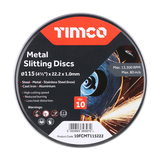 Timco Metal Slitting Discs Bonded Abrasive - For Cutting 115 x 22.2 x 1.0
